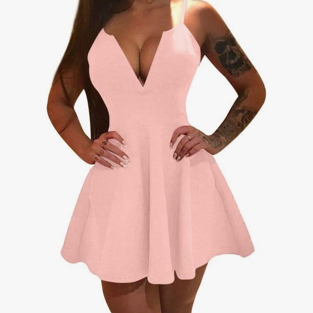 Neon pink deep V tank fit and flare mini dress